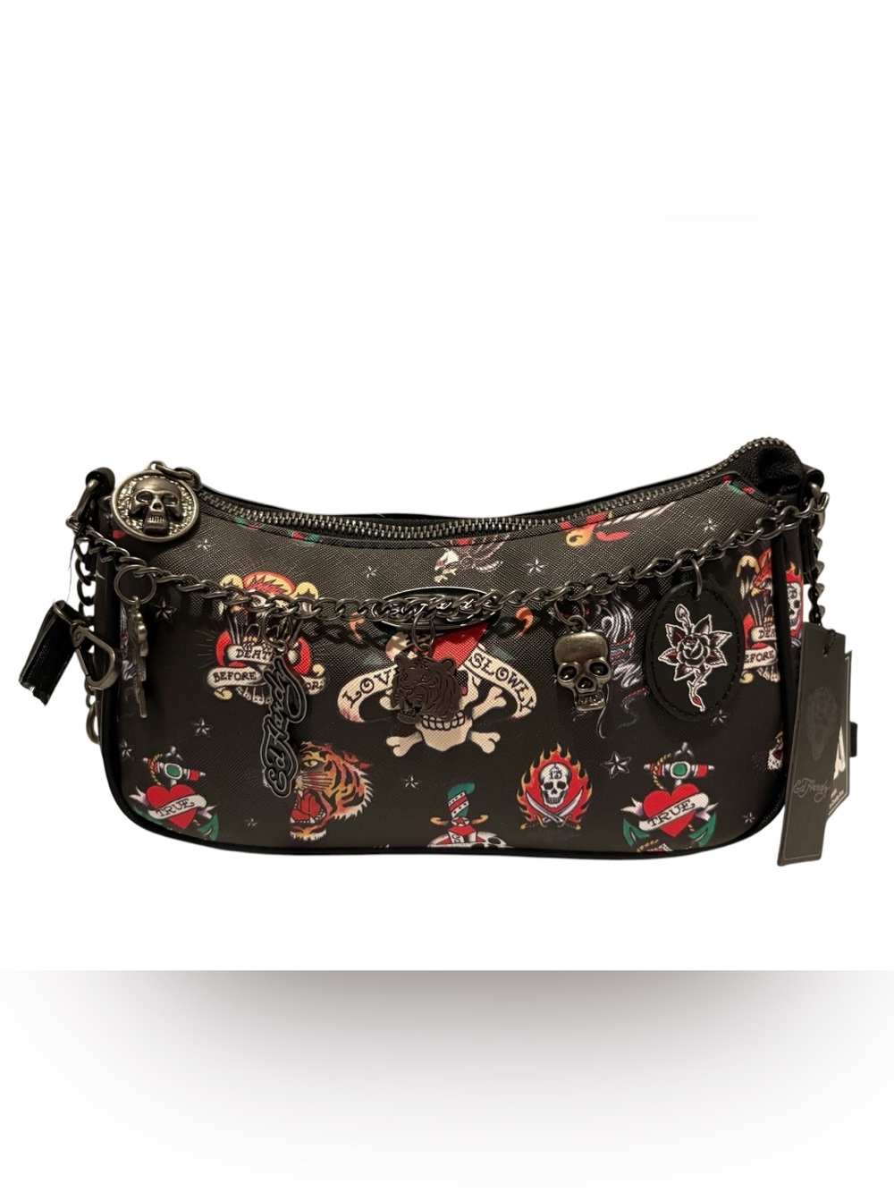 Ed Hardy Black Tattoo Print Shoulder Bag with Chain Charms
